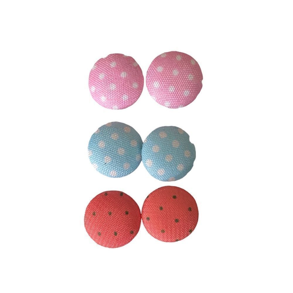 Cloth Bead Button Style Stud Earrings Multi Polka Dot Print 3 Piece Set OSFM